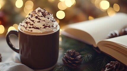 Cup of hot cocoa topped with whipped cream and dusted with chocolate, sitting on a table next to a Christmas book and holiday greenery, with a soft bokeh effect in the background