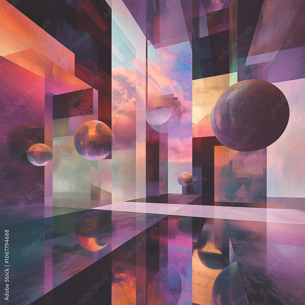 Poster surreal landscape with floating spheres and abstract architecture in vibrant colors during twilight