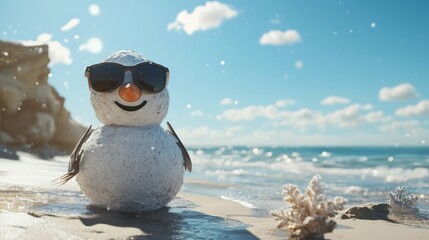 A stylish snowman wearing sunglasses on a sunny beach, embodying a beach Christmas concept.