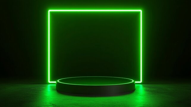 Futuristic green neon light frame and circular podium on dark background, creating a sci-fi atmosphere for product display or virtual showcase.