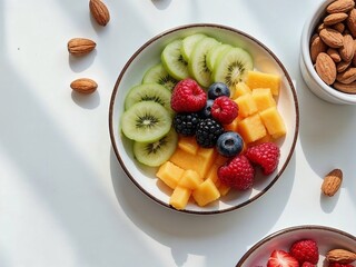 Fresh fruit plate in the office, bright mood, assorted fruits on a white background