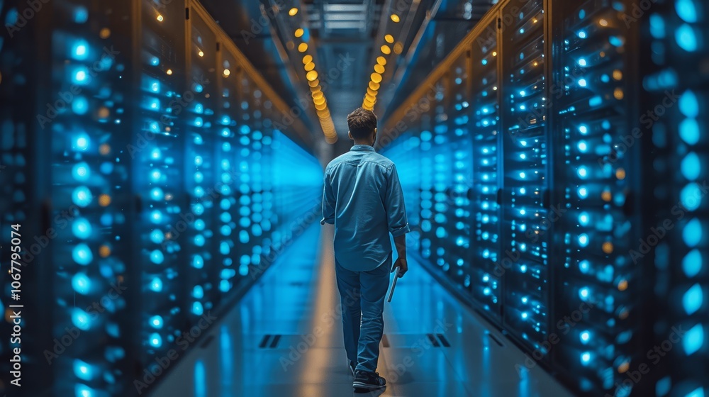 Poster it engineer in server room with laptop and notepad - technology, cloud computing, digitalization, sa