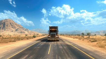 A large freight truck driving down an open highway with vast desert plains and mountains in the distance.