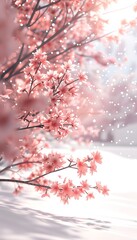 Naklejka premium A serene scene of pink blossoms amidst soft snowfall, evoking tranquility and beauty.