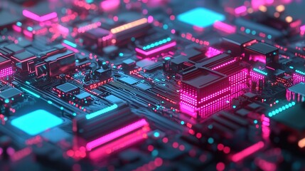 A vibrant, close-up view of a futuristic circuit board with glowing pink and blue elements, showcasing intricate electronic components.