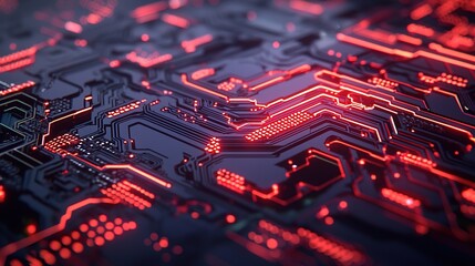 Abstract close-up of a circuit board design featuring glowing red lines against a dark background, highlighting intricate details of technology.