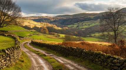 Naklejka premium Serene countryside landscape with winding dirt road and stone walls