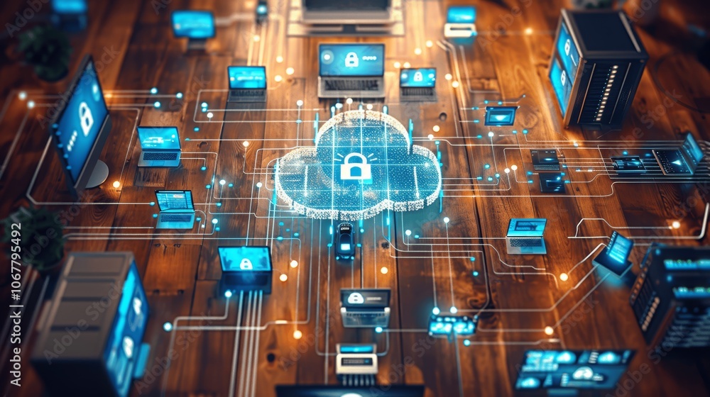 Poster cloud computing and digital connections in modern office for web development and big data visualizat