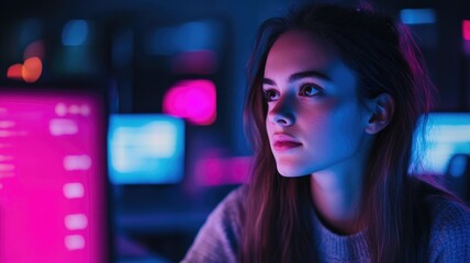 Young woman in cyberpunk setting, surrounded by neon lights and screens