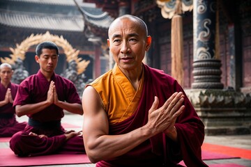 Monks meditating in a temple