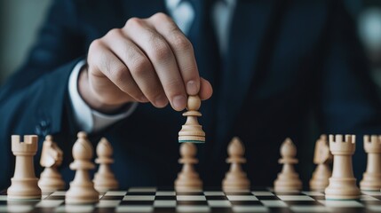 A close-up of a person's hand moving a chess piece on a board, depicting a strategic moment in a game of chess.