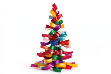 A unique Christmas tree crafted from ribbons, isolated against a pristine white background.