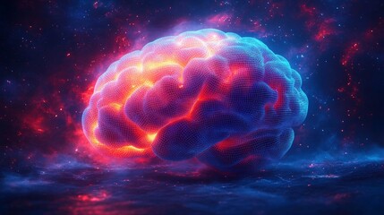 A vibrant, translucent mesh silhouette of a human brain against a cosmic background