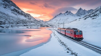 A train winding through a snowy mountain pass, with white peaks and frozen lakes surrounding the track.