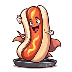 Celebrate the fun side of food with a cheerful hot dog character smiling on the grill, digital illustration of character design concept.