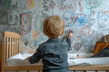 Blonde boy drawing on bedroom wall with crayons near baby crib messy room colored drawings creative child scribbling