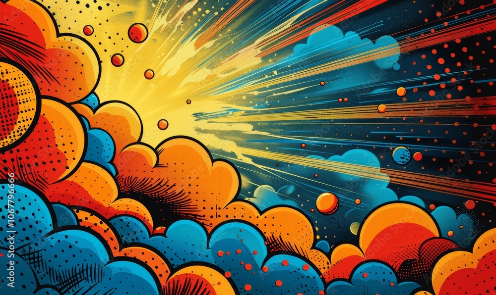 Poster abstract vector background with colorful rays and thunderbolts in comic book style