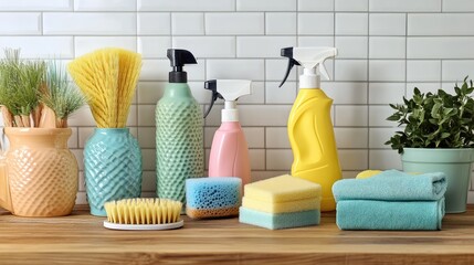 Colorful Cleaning Supplies on a Wooden Surface