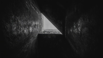 Generative AI, Dark, dramatic black-and-white architectural photograph of towering concrete walls with minimal light and sharp geometric contrasts