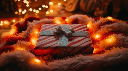 Gift Box with Silver Bow on Faux Fur with String Lights