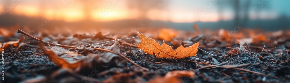 Poster close-up macro photography of a dew-covered leaf in autumn, capturing the intricate details and soft