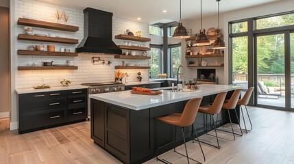 Modern Kitchen with Island, Black Cabinets, and Pendant Lights