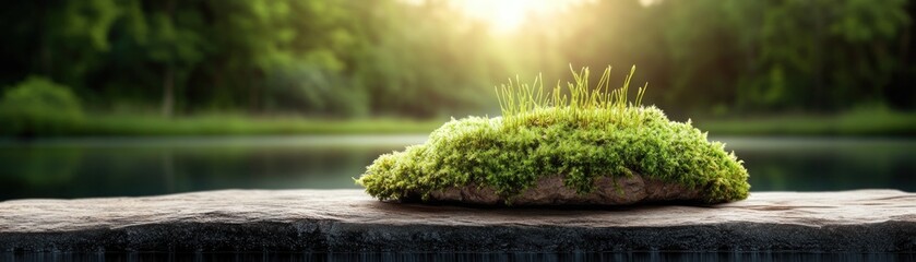 Naklejka premium Close-Up Macro Photography of Lush Green Moss with a Soft Blurred Background of a Tranquil Forest and Lake, Capturing Intricate Texture and Natural Beauty, Perfect for Wallpaper, Desktop, or