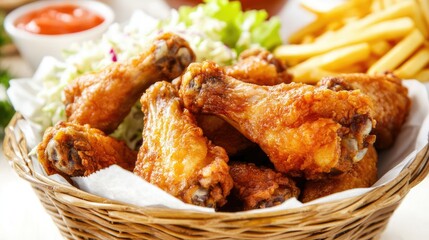 Close-up shot of golden-brown fried chicken wings in a basket with fries and coleslaw.