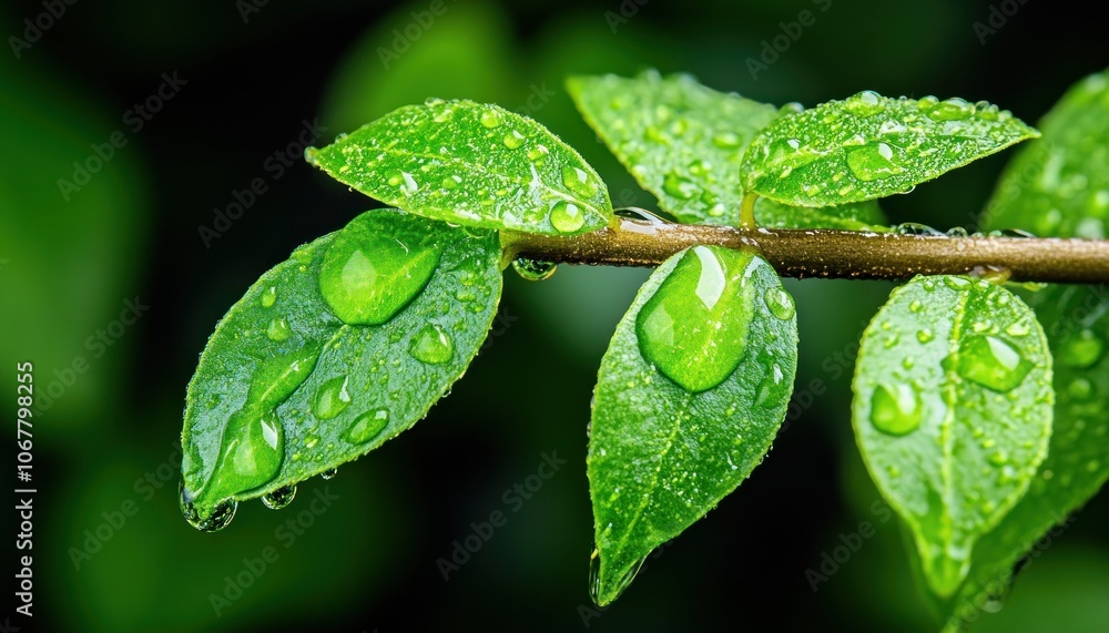 Poster close-up of dewdrop on leaf with sharp detail and intense background blur, macro photography of natu