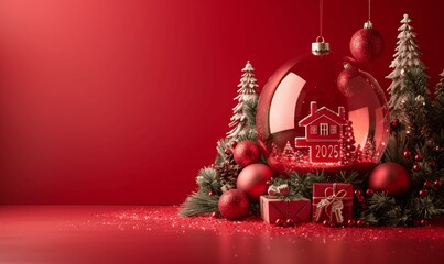 2024 New Year with Golden Number, Red Background, Snow Globe, Small House, Keys in Gift Box, White Floor and Wall, Minimalistic Style, Red Lighting, Hyper Realistic High Resolution Photo