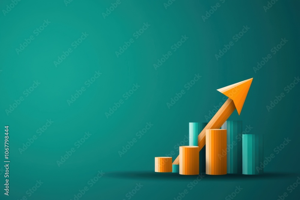 Poster a vibrant graphic depicting rising bar charts with an upward arrow, symbolizing growth and progress 