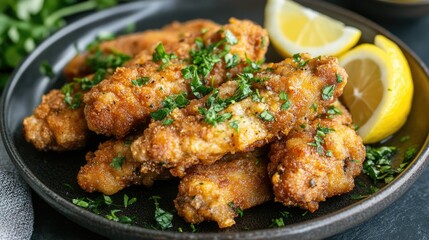 Fototapeta premium Crispy pork served with tangy sauce on a dark plate with garnished herbs and lemon wedges.