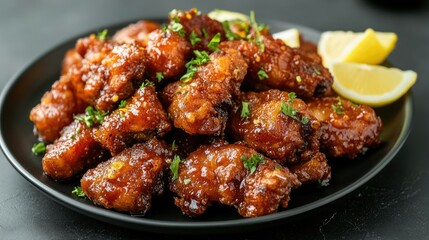 Crispy pork served with tangy sauce on a dark plate with garnished herbs and lemon wedges.