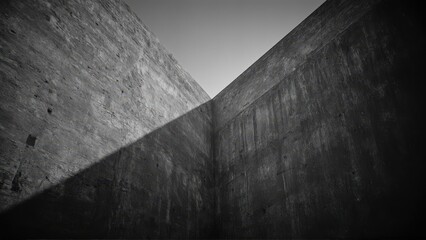 Generative AI, Dark, dramatic black-and-white architectural photograph of towering concrete walls with minimal light and sharp geometric contrasts