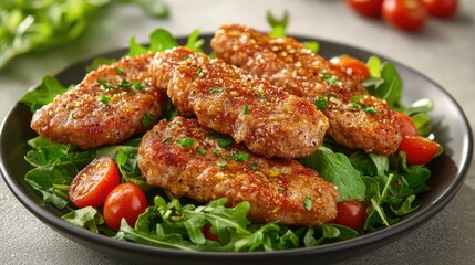 Fototapeta premium Crispy pork strips on a salad of greens and cherry tomatoes, drizzled with a light vinaigrette.