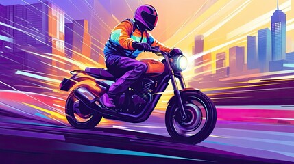 Fototapeta premium Delivery rider in a reflective jacket on a motorbike, zooming through traffic with a city skyline in the background.