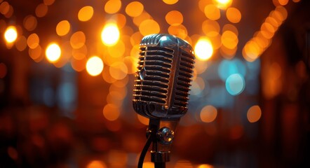 Chrome Microphone on Stage with Blurred Background and Bokeh Lights in Nightclub