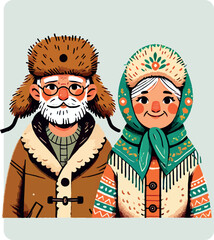 Elderly Russian Couple in Cozy Winter Clothes