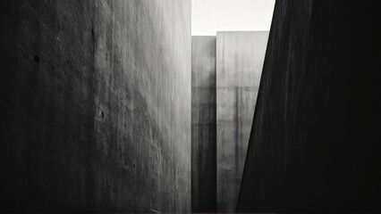 Generative AI, Dark, dramatic black-and-white architectural photograph of towering concrete walls with minimal light and sharp geometric contrasts