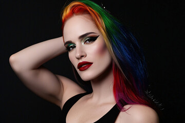 Fototapeta premium a woman with vibrant multicolored hair and striking makeup, creating an edgy, fashion-forward look in a bold portrait