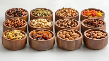 Assorted Nuts and Dried Fruits in Wooden Bowls