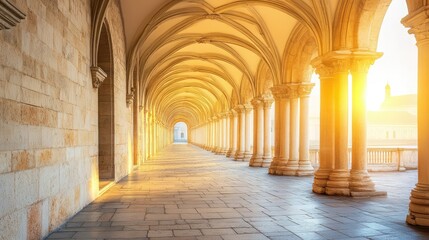 Fototapeta premium Historic Romanesque architecture with massive stone columns and arches, bathed in warm afternoon light.