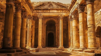 Fototapeta premium Historic Romanesque architecture with massive stone columns and arches, bathed in warm afternoon light.