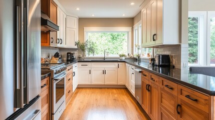 Fototapeta premium Modern Kitchen with Stainless Steel Appliances and Wood Cabinets