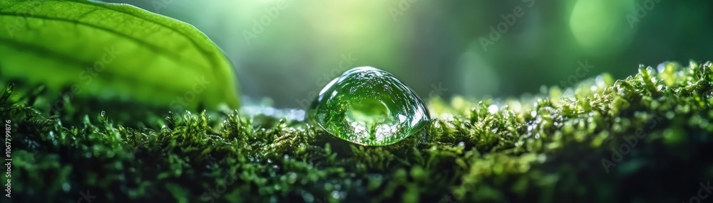Poster macro photography of a dewdrop on moss with sharp detail and a soft natural background blur, a close