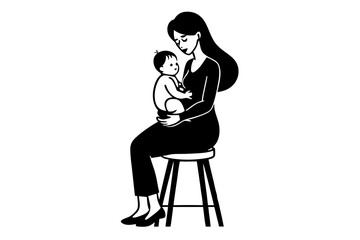 Young woman sitting on a stool and raises the baby in his arms