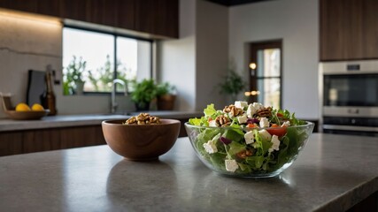 A fresh salad in a modern kitchen setting, highlighting healthy eating.
