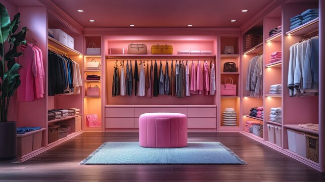 A modern shopping assistant analyzes fashion trends in a vibrant pink closet at a stylish home