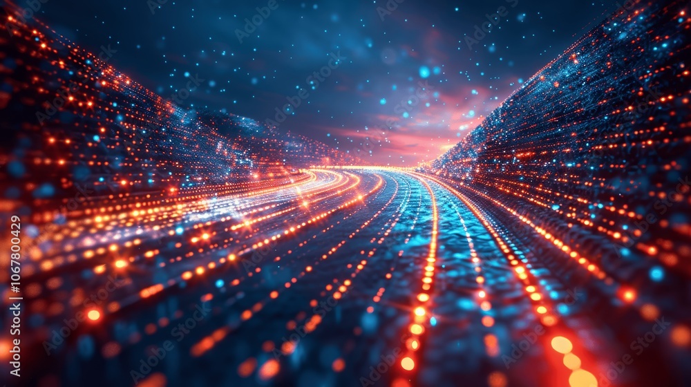 Aufkleber Digital Highway with Binary Code and Light Trails - Futuristic Technology Illustration