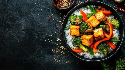Tofu stir-fry with vibrant vegetables like bell peppers, broccoli, and mushrooms, served over a bed of steaming rice.